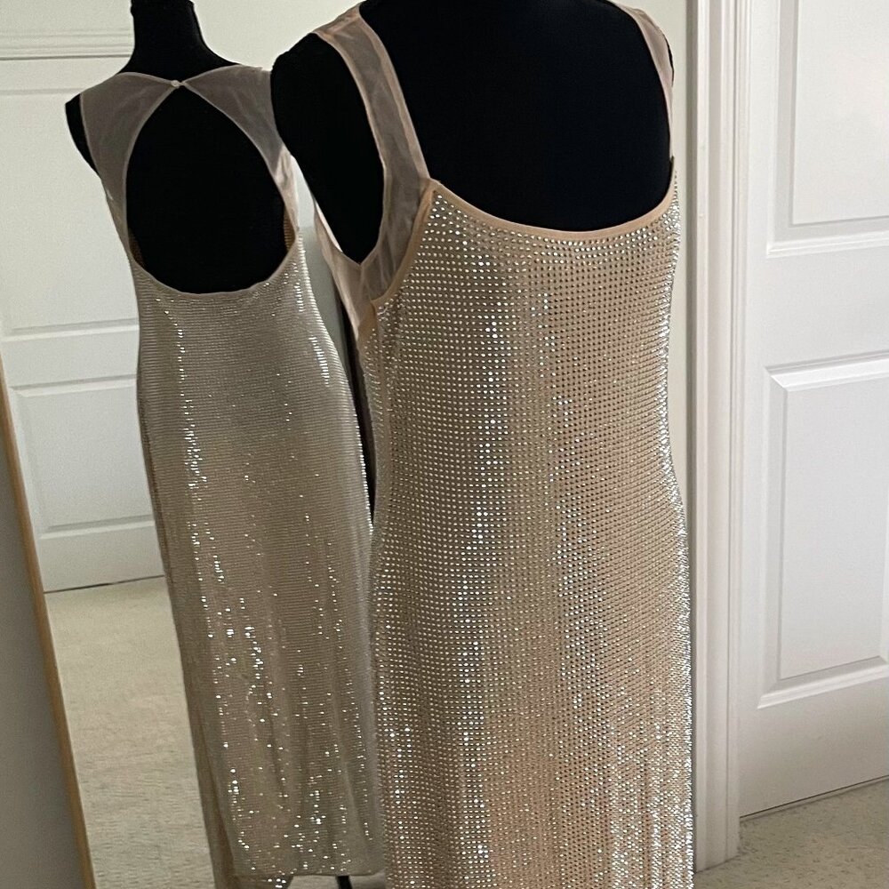 Commense Mesh Trim Rhinestone-Decor Cami Dress - Size Medium in Nude